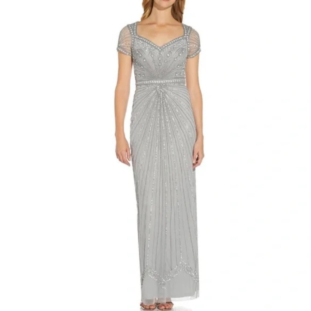 ADRENALINE PAPPEL Size 8 Long Beaded Dress Silver NWT Retail $350